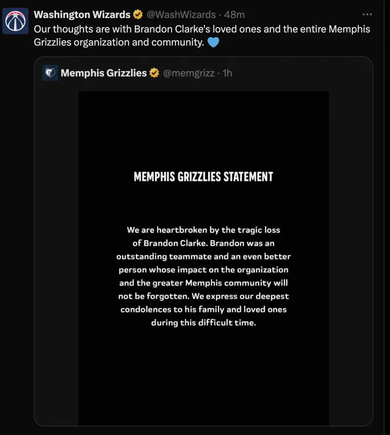 登录入口-奇才官方悼念布兰登-克拉克：向其亲人及灰熊社区表达慰问